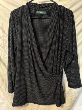 Ralph Lauren Black and White Polka Dot Wrap Blouse